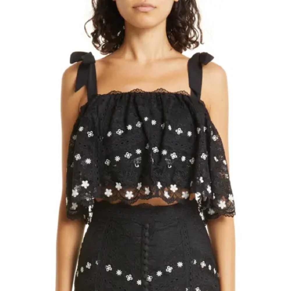 Saloni Black Jemi Tie Strap Silk Blend Top Lace Ruffle Crop Womens Size 8 Floral